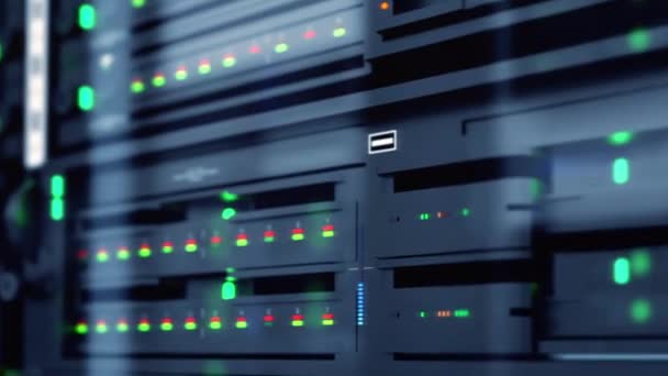 Långsam Spårning Skott Serverenheter Molntjänst Datacenter Visar Flimrande Ljusindikatorer För — Stockvideo
