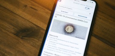 Elma iPhone ekranı RKI 'nin içeriğiyle Coronavirus of Corona covid-19 virüsünün elektron mikrografını gösteriyor.