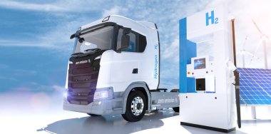 Benzin istasyonlarındaki hidrojen logosu. H2 yanmalı kamyon motoru emisyonsuz çevre dostu nakil için. 3d oluşturma