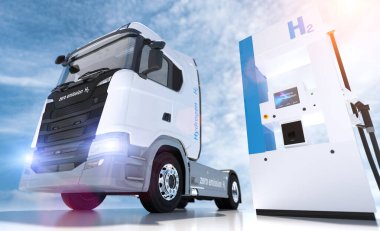 Benzin istasyonlarındaki hidrojen logosu. H2 yanmalı kamyon motoru emisyonsuz çevre dostu nakil için. 3d oluşturma