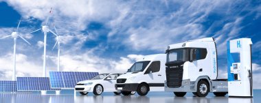 Benzin istasyonlarındaki hidrojen logosu. H2 yanmalı kamyon, emisyonsuz eko-dost taşımacılık için otomotiv motoru. 3d oluşturma