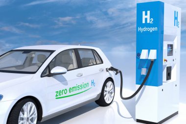 Benzin istasyonlarında hidrojen logosu var. H2 yanmalı motor emisyonsuz eko-dost nakil için. 3d oluşturma