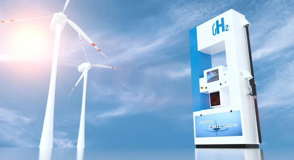 加油站燃油分配器上的氢气标识 H2无排放环保型运输燃烧发动机 3D渲染 — 图库照片
