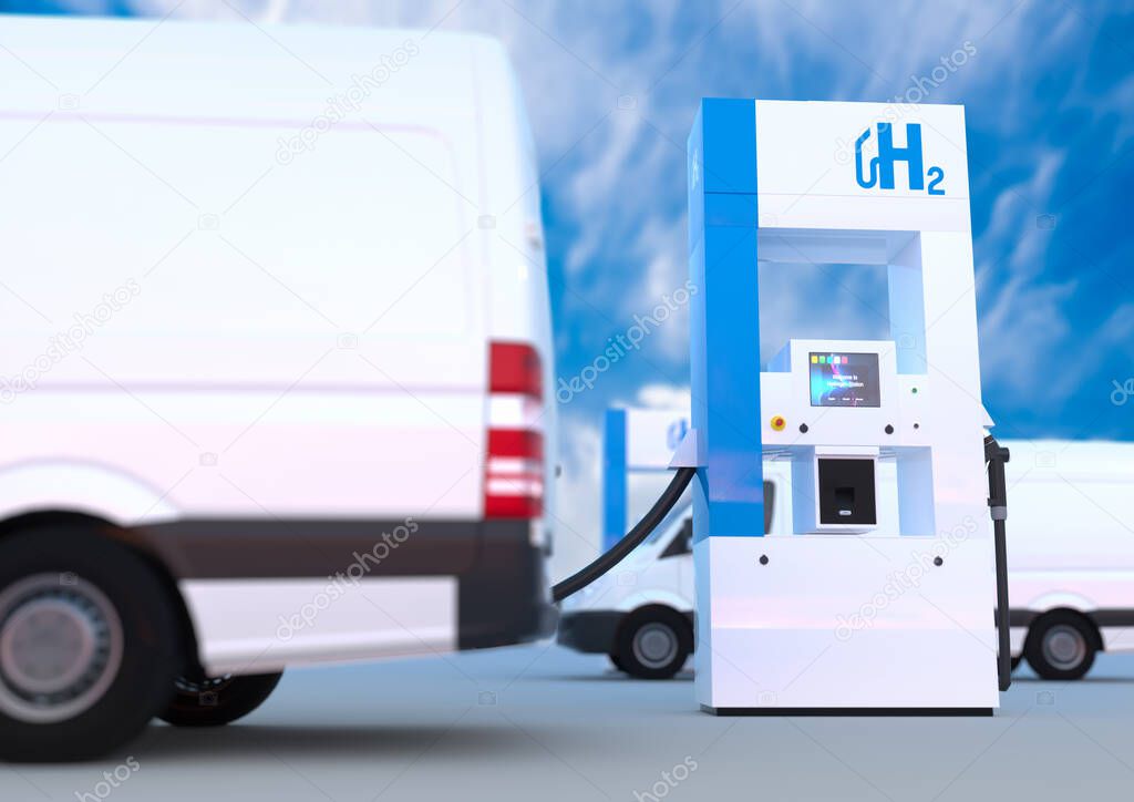 Hydrogen logo on gas stations fuel dispenser. h2 combustion engine for emission free ecofriendly transport. 3d rendering