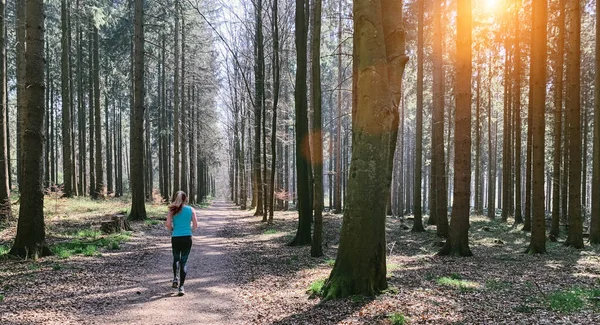 女性ランナージョギングで静かな森で春に美しい明るい太陽の光 — ストック写真