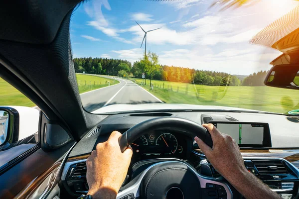 Manos Del Conductor Del Coche Volante Viaje Por Carretera Conducción — Foto de Stock