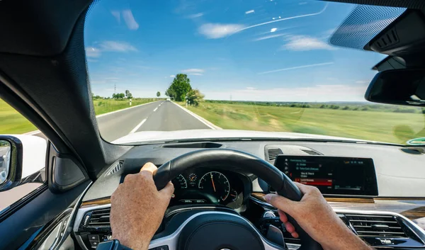Hands Car Driver Steering Wheel Road Trip Driving Highway Road — Stock Photo, Image