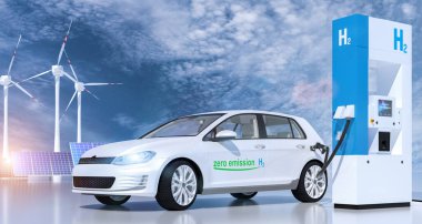 Benzin istasyonlarında hidrojen logosu var. H2 yanmalı motor emisyonsuz eko-dost nakil için. 3d oluşturma