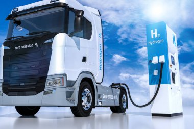 Benzin istasyonlarındaki hidrojen logosu. H2 yanmalı kamyon motoru emisyonsuz çevre dostu nakil için. 3d oluşturma