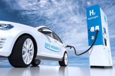 Benzin istasyonlarında hidrojen logosu var. H2 yanmalı motor emisyonsuz eko-dost nakil için. 3d oluşturma