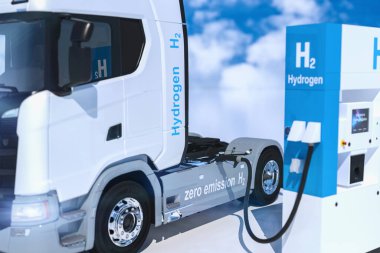 Benzin istasyonlarındaki hidrojen logosu. H2 yanmalı kamyon motoru emisyonsuz çevre dostu nakil için. 3d oluşturma