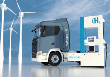 Benzin istasyonlarındaki hidrojen logosu. H2 yanmalı kamyon motoru emisyonsuz çevre dostu nakil için. 3d oluşturma