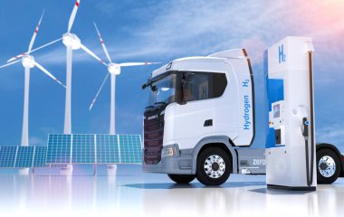 Benzin istasyonlarındaki hidrojen logosu. H2 yanmalı kamyon motoru emisyonsuz çevre dostu nakil için. 3d oluşturma