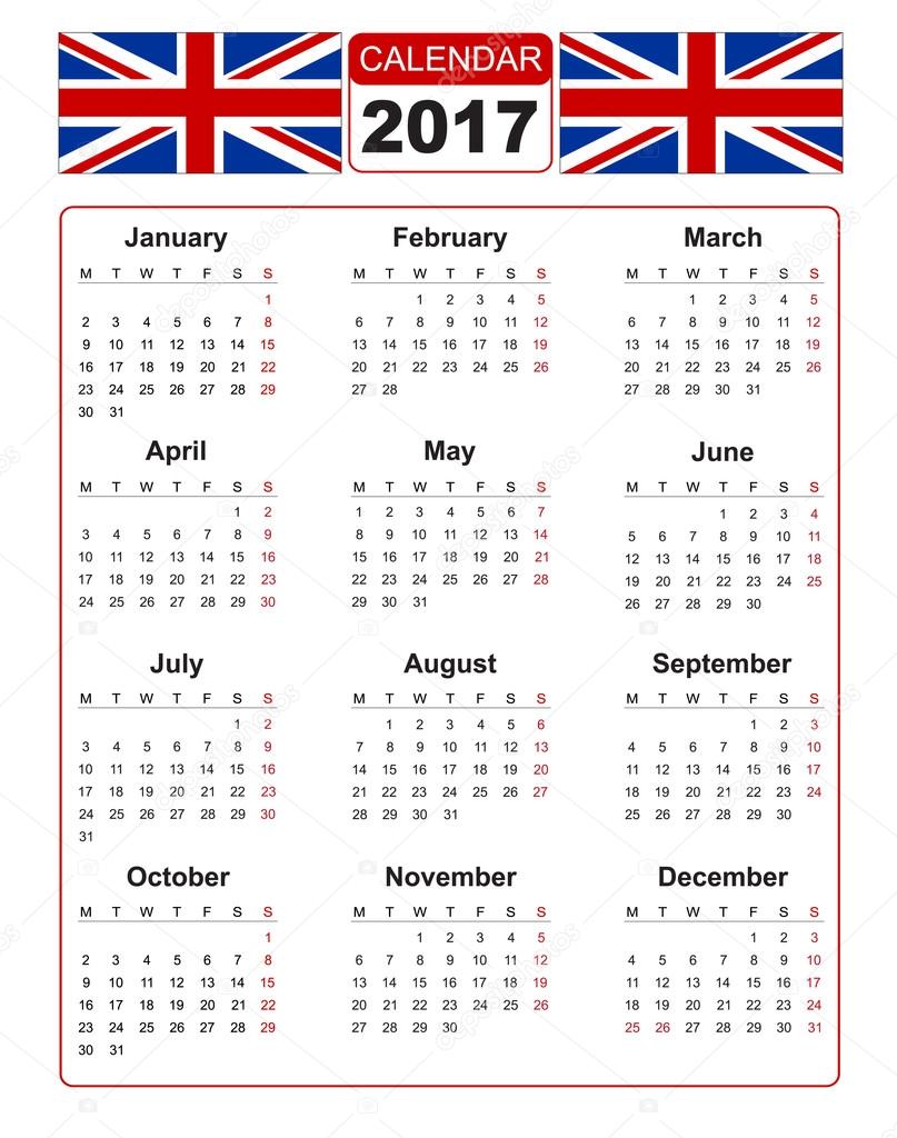 Calendar for 2017 with two vector image of united kindom flag