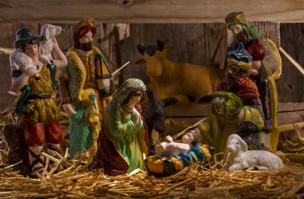 Christmas Manger scene with figurines — Stock Photo, Image