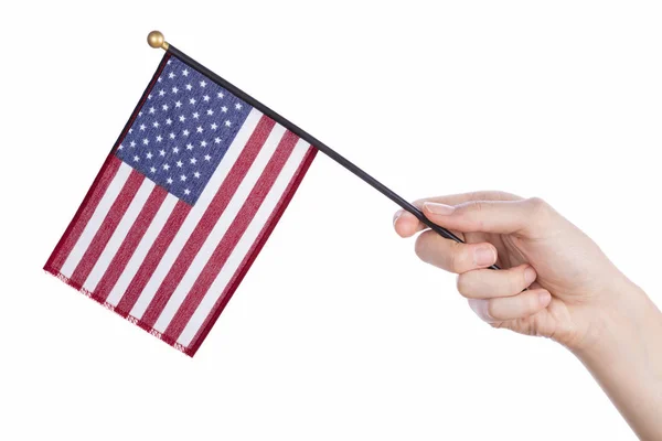 Main tenant drapeau américain sur blanc — Photo
