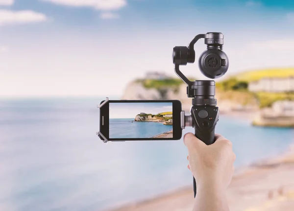 Smartphone shooting concept Isle of Wight coast Alum Bay next to — Stock Photo, Image