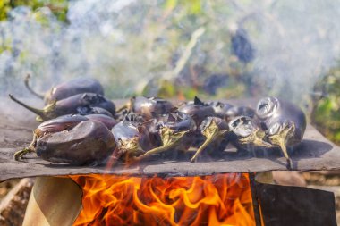 Metal bir plaka üzerinde açık ateşte pişirme patlıcan
