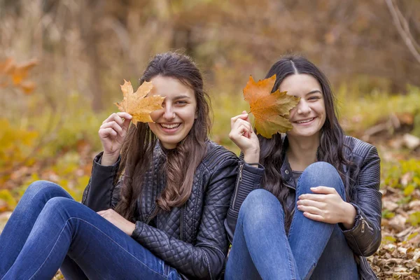 Deux filles s'amusent dans le parc d'automne — Photo