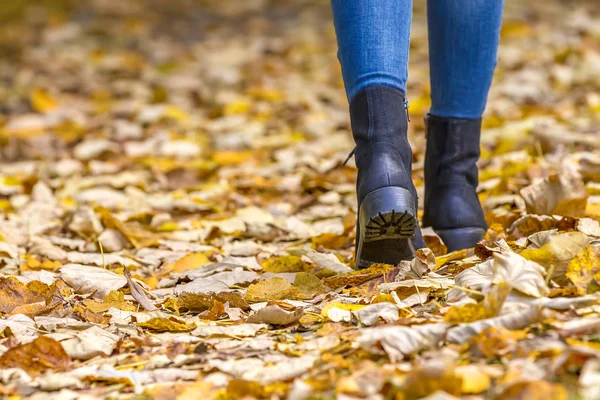 Jambes de femme en bottes sur les feuilles d'automne — Photo