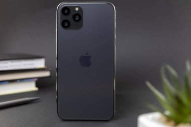 Galati, Romanya, 21 Şubat 2020: Yeni Iphone 11 Pro Max. IPhone 11 Pro, Apple Inc. tarafından geliştirilen bir akıllı telefondur. Gri akıllı telefon arka planı kitap ve çiçek yakınlarındaki siyah arkaplanda izole edilmiştir.. 