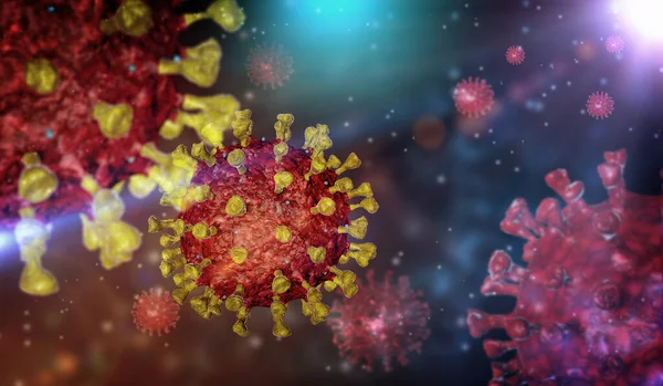 Απόδοση Του Ιού Μπλε Και Κόκκινο Φόντο Ιός Του Coronavirus — Φωτογραφία Αρχείου