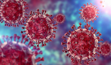 Coronavirus COVID-19 mikroskobik virüs Corona virüsü 3D illüstrasyon. Mavi ve kırmızı arkaplanda 3 boyutlu virüs oluşturma.