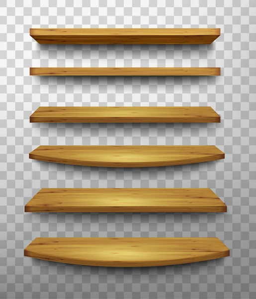 Set de estantes de madera sobre fondo transparente. Vector . — Vector de stock