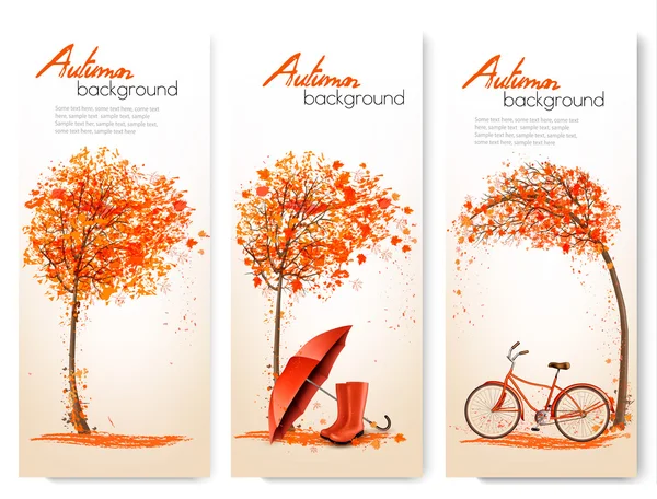 Herfst natuur banners met kleurrijke boom en een fiets- en umbre — Stockvector