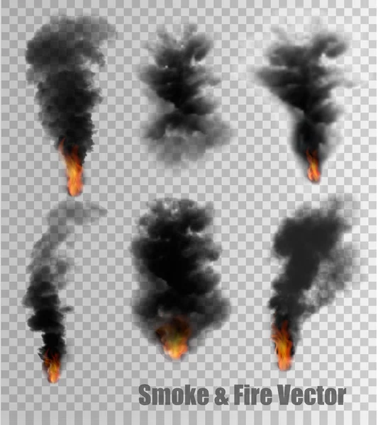 Vectores de humo negro y fuego sobre fondo transparente. Vector i — Vector de stock