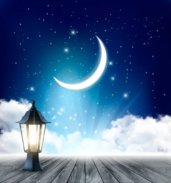 Noite céu fundo com lua crescente e Ramadã lâmpada. Vetor — Vetor de Stock
