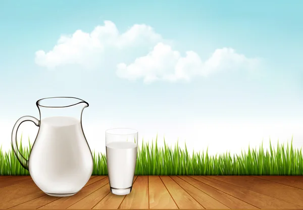 天然全脂牛奶在水罐和玻璃隔离对自然背景 — 图库矢量图片