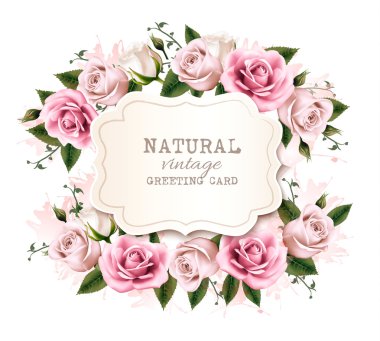 Natural vintage greeting card with roses. Vector.  clipart