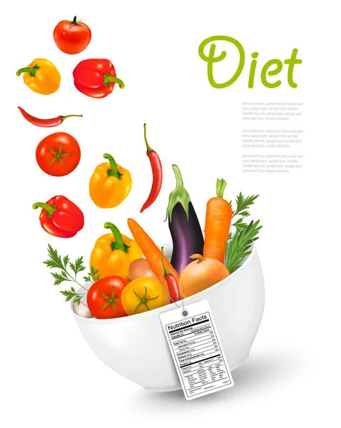 Fruta en un tazón con una etiqueta nutricional.. Concepto de dieta. Vecto. — Vector de stock