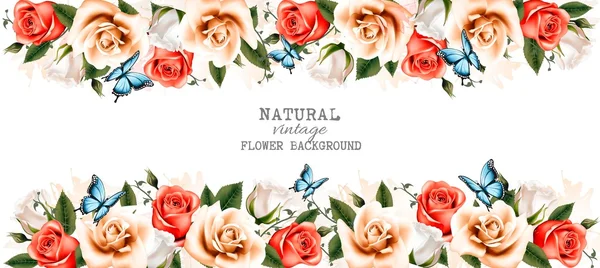 Banner horizontal con rosas y mariposas. Vector . — Vector de stock