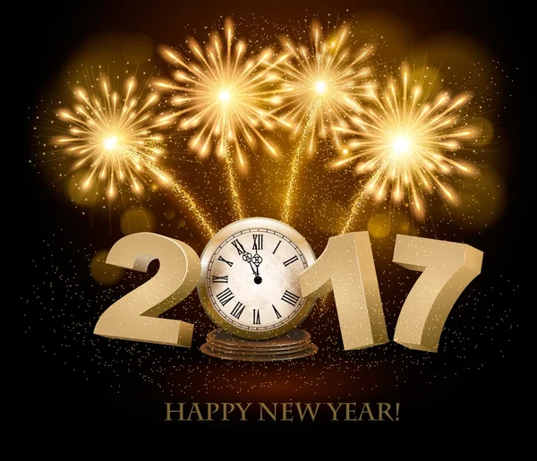 Happy New Year fond avec 2017, une horloge et des feux d'artifice. Vecte — Image vectorielle