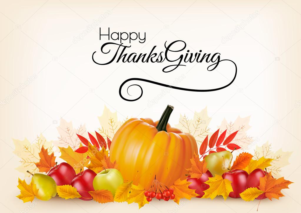 Thanksgiving background with autumn fruit and leaves. Vector.