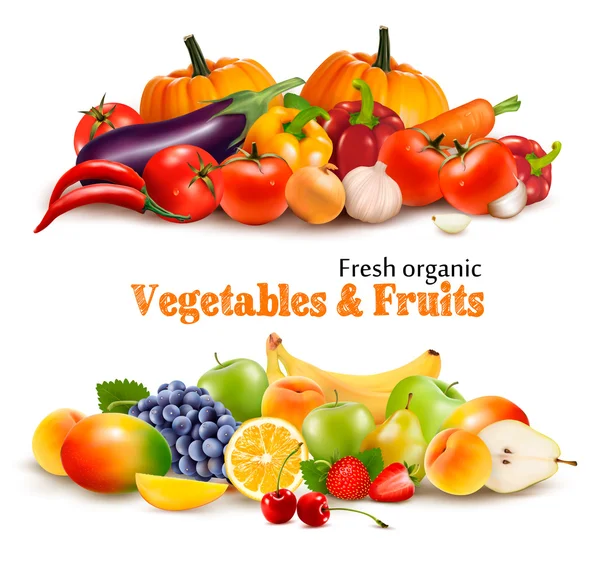 Background With Organic Fresh Vegetables. and Fruits Healthy Foo — Stock Vector