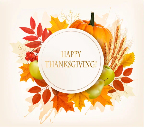 Frohe Danksagung Hintergrund mit bunten Herbstblättern und einem — Stockvektor