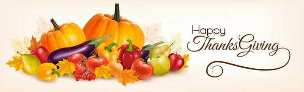 Feliz Banner de Acción de Gracias con verduras de otoño. Vector . — Vector de stock