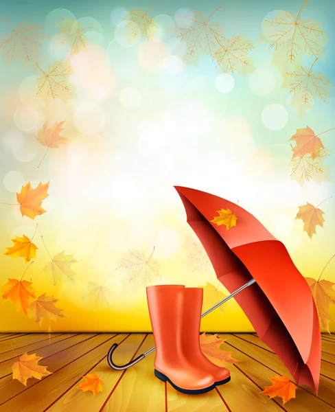 Şemsiye ve yağmur botları ile sonbahar arka plan. vektör. — Stok Vektör