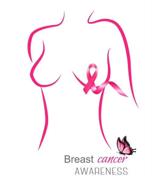 Kvinnliga kroppen kontur med en rosa band och en fjäril. Bröst c — Stock vektor