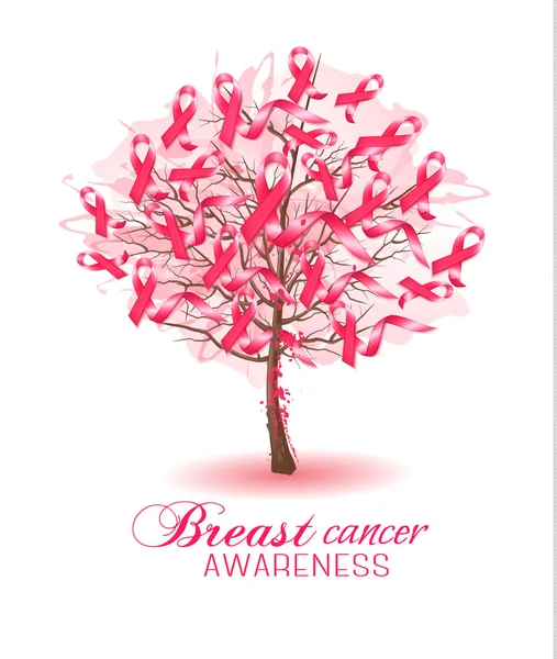 Sakura árbol con cintas de conciencia de cáncer de mama. Vector . — Archivo Imágenes Vectoriales