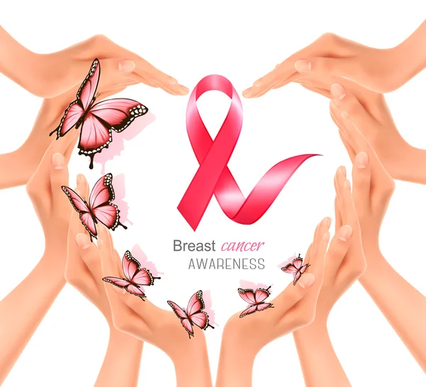 Händer som bildar ett hjärta form med en rosa bröstcancer medvetenhet — Stock vektor