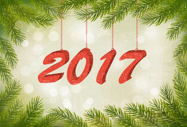 Fundo retro de Natal com galhos de árvore e 2017. Vetor — Vetor de Stock