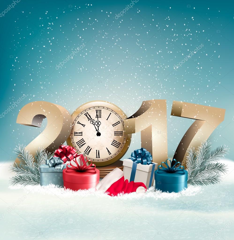 New Year 2017 holiday background with snow and gift boxes. Vecto