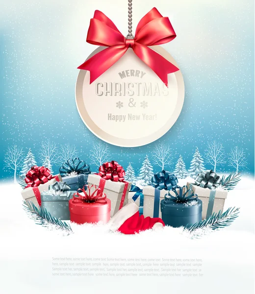 Vánoční dárky s dárkovou kartu a stuhou. Vektor. — Stockový vektor