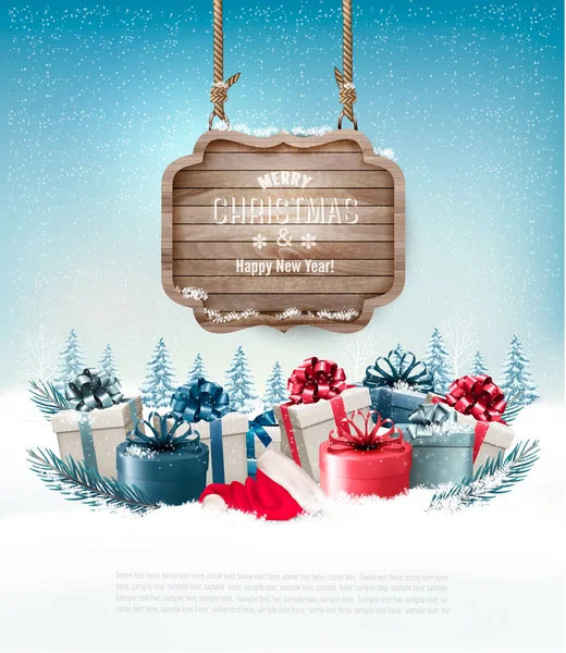 冬の背景にギフト用の箱、木製の華やかなメリー クリスマス — ストックベクタ