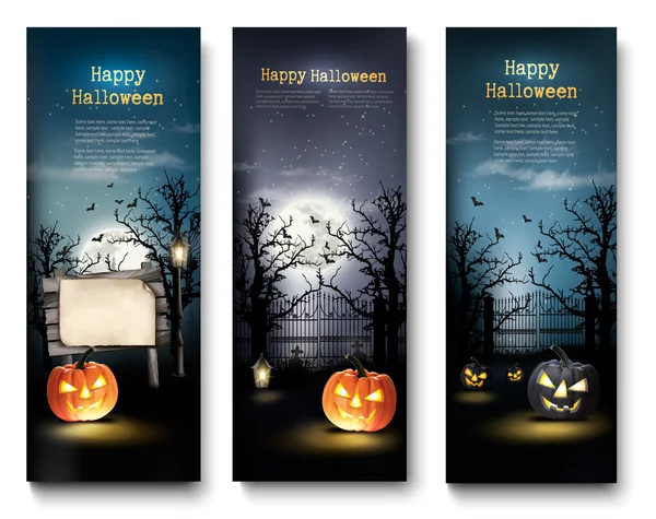 Three Holiday Halloween Banners with Pumpkins. Vector