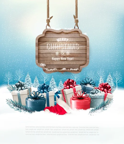Χριστούγεννα χειμώνα φόντο με δώρα και ξύλινη σανίδα. Vect — Διανυσματικό Αρχείο